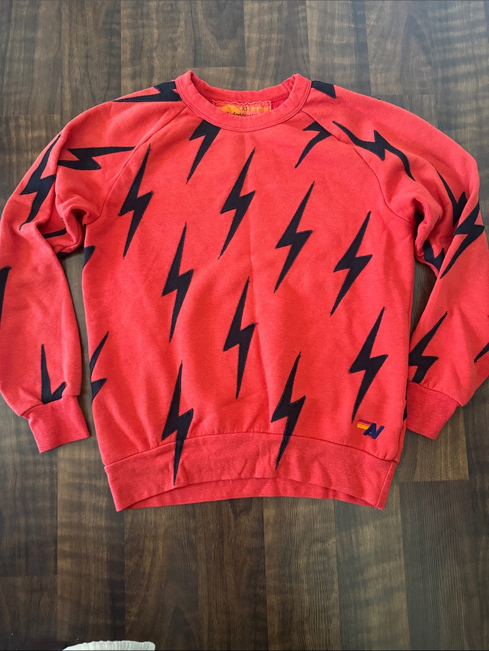Aviator Nation Red Crewneck with Black Lightning Bolts